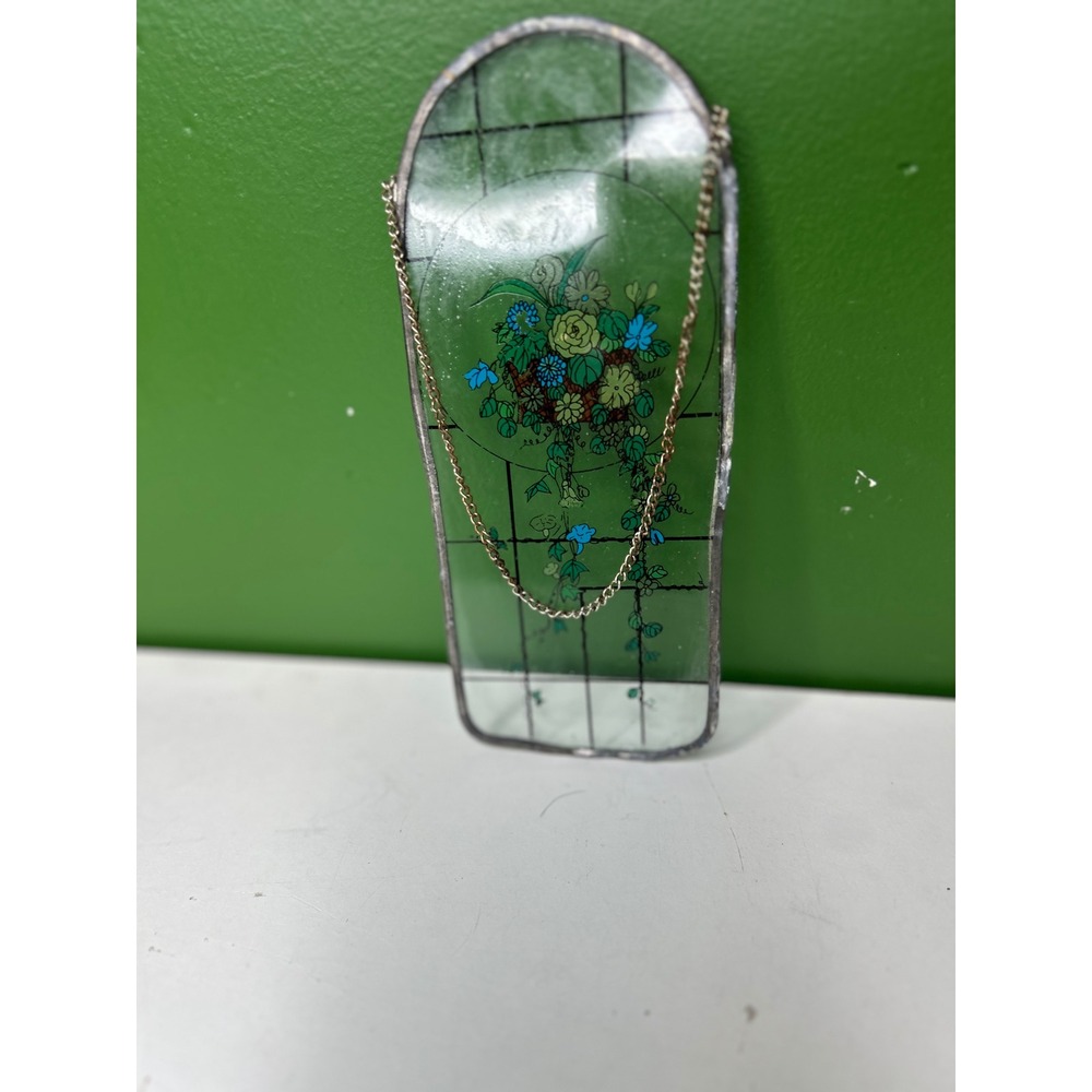 Vintage Floral Stained Glass Suncatcher Arched Window Pane Blue Green Flowers